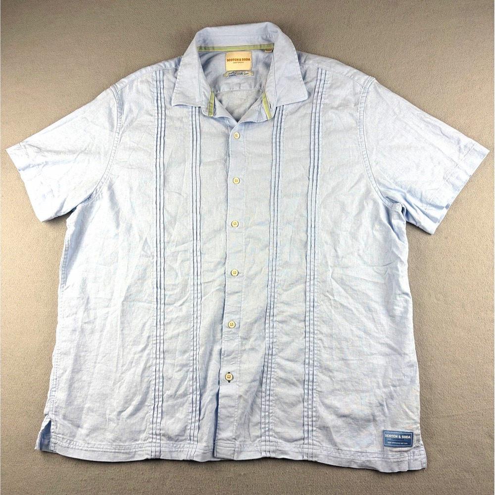 Scotch & Soda Linen Blend Shirt Men's XXL Light Blue Pintuck Short Sleeve